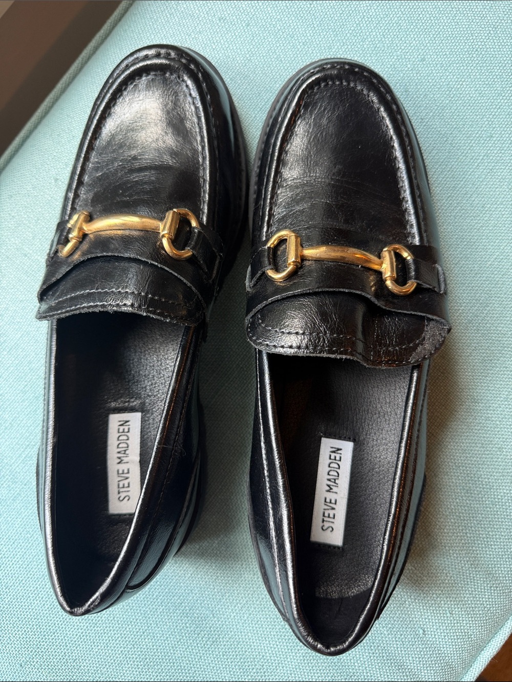 Steve Madden Black Leather Loafers with Gold Bit Detail